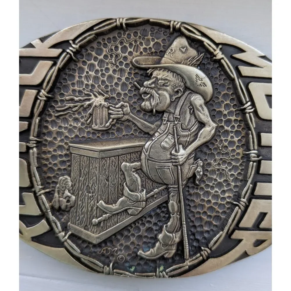 Vintage Redneck Mother Belt Buckle Solid Brass 80s Cowboy Award Design Medals
